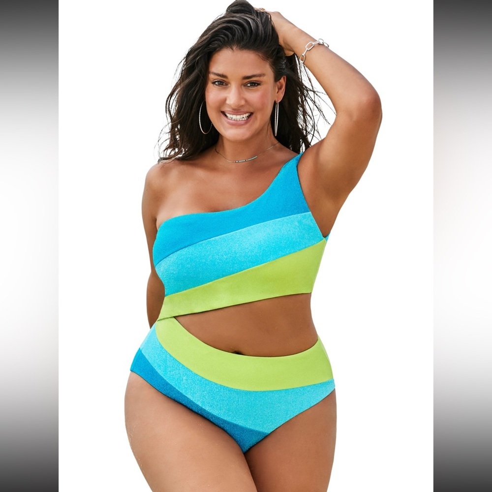 Swimsuits for All Women's Size 10 One Shoulder Color Block Cutout One Piece
